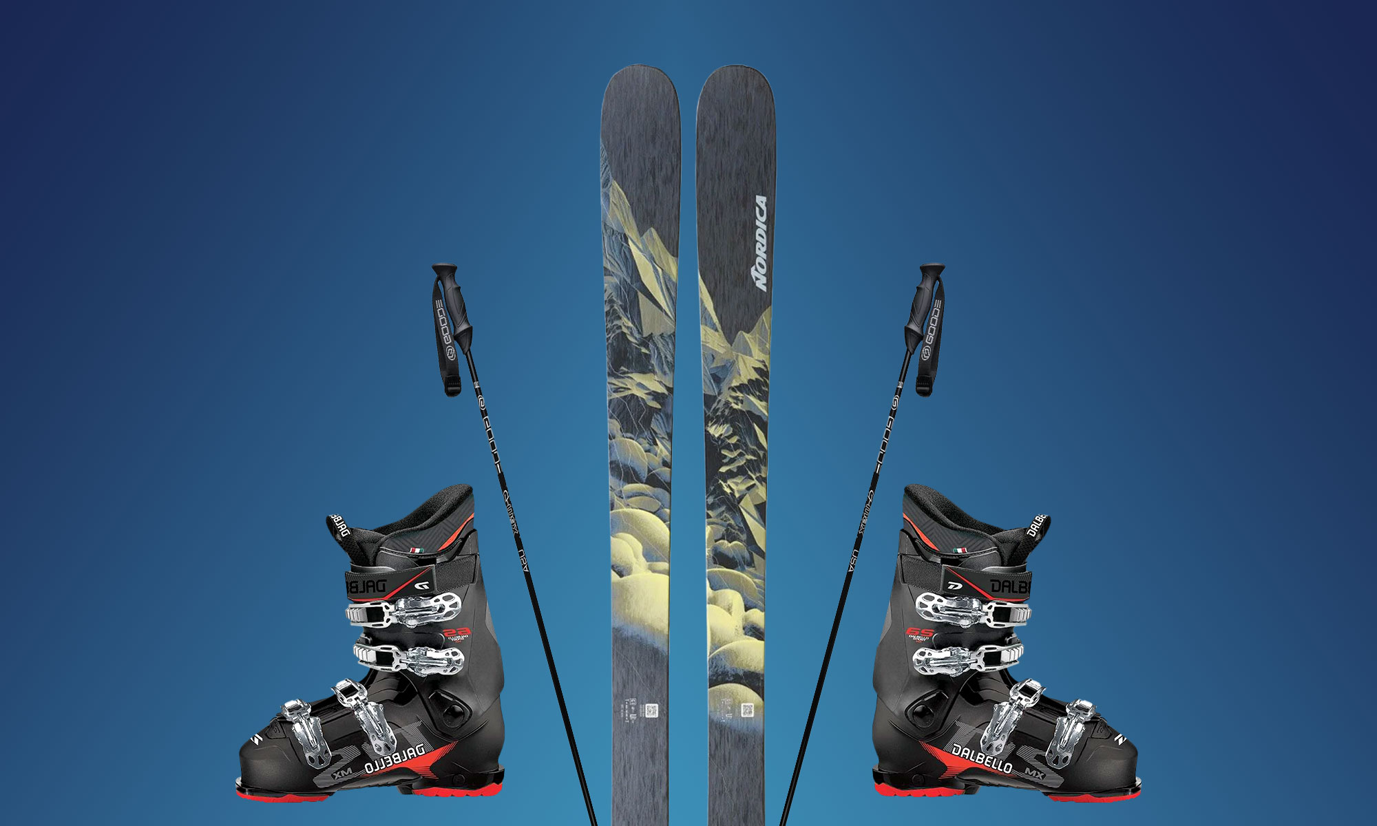 Demo Ski Rental Package featuring Nordica skis, black Dalbello ski boots, and ski poles against a gradient blue background. Equipment displayed in a symmetrical arrangement.
