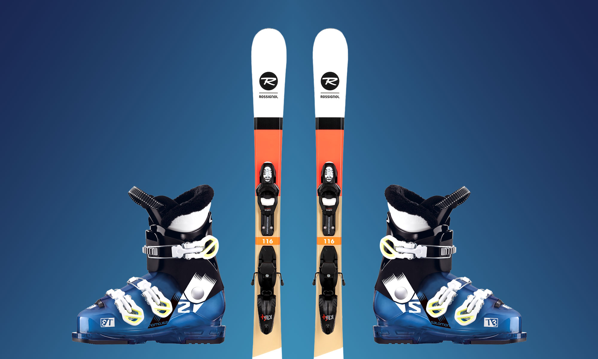 Kids Ski Rental Package featuring Rossignol skis and blue Salomon ski boots against a gradient blue background. Equipment displayed in a symmetrical arrangement.