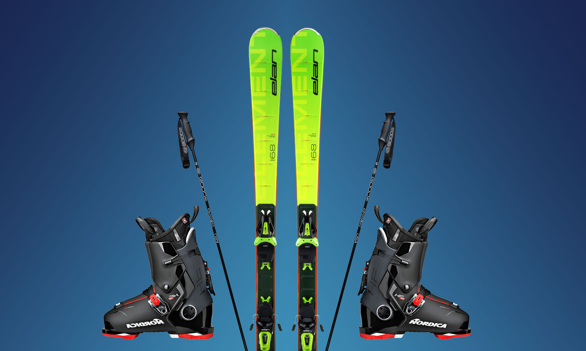 Sport Ski Rental Package featuring Elan skis, black Nordica ski boots, and ski poles against a gradient blue background. Equipment displayed in a symmetrical arrangement.